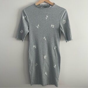Topshop Grey Ribbed Midi Bodycon Dress with White Floral Embroidery